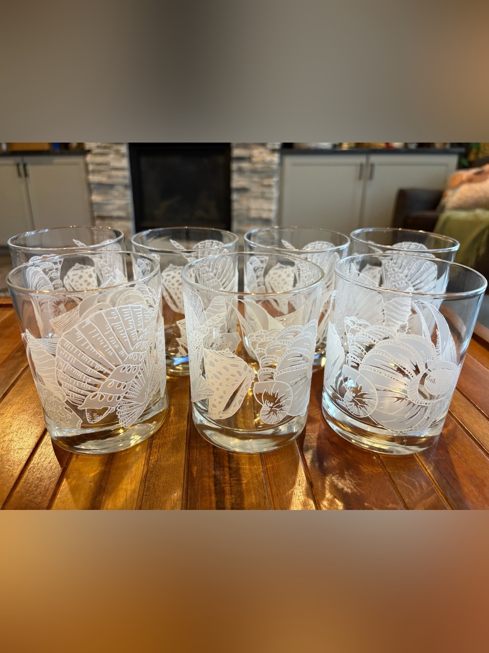 Vtg TasteSetter Nautilus Seashell Etched Old Fashioned Glass Heavy Bottom Set 7